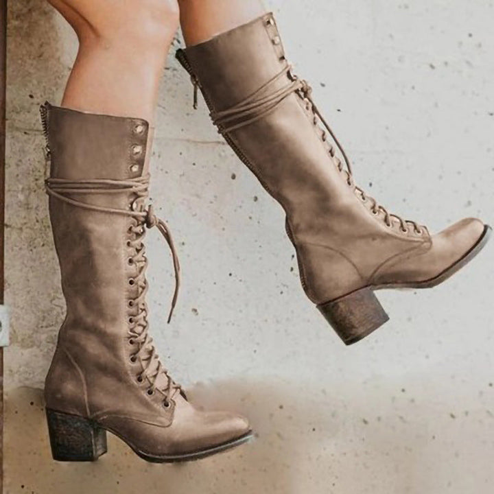 Olivia | Women’s Lace-Up Knee High Block Heel Boots