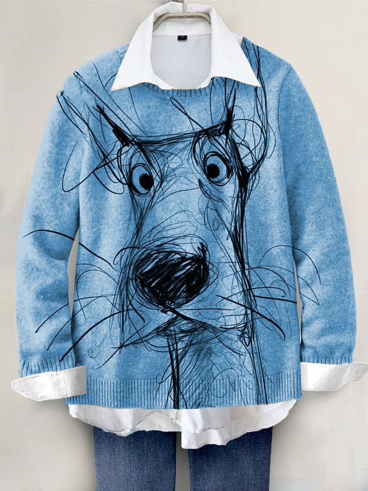 Cute Dog Hand-painted Art Print Knit Pullover Sweater RM001