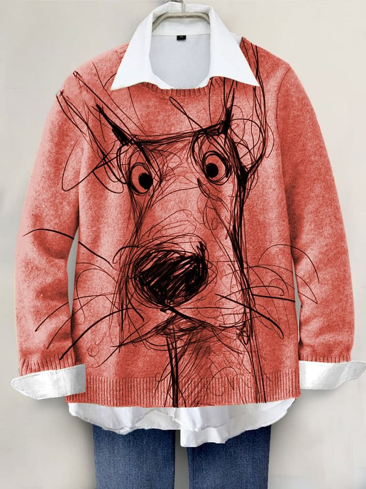 Cute Dog Hand-painted Art Print Knit Pullover Sweater RM001