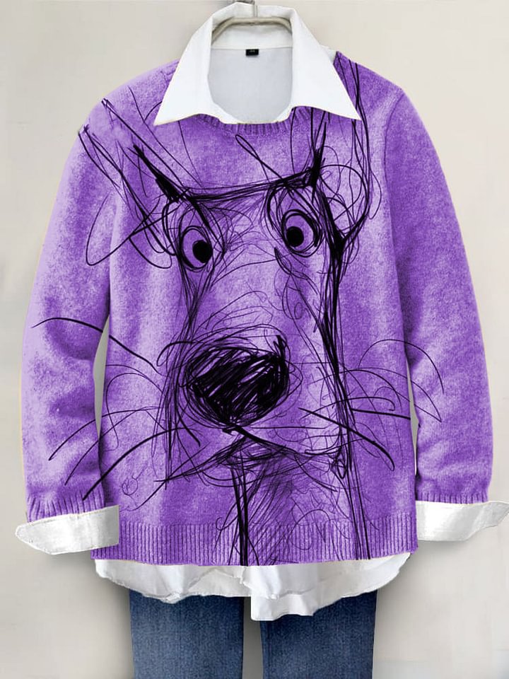 Cute Dog Hand-painted Art Print Knit Pullover Sweater RM001