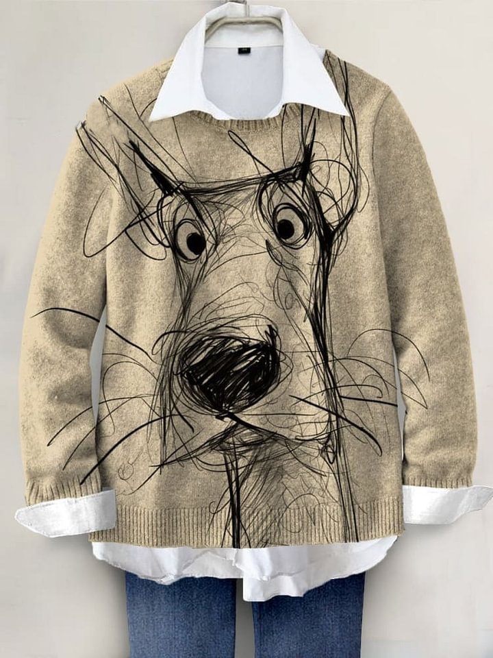 Cute Dog Hand-painted Art Print Knit Pullover Sweater RM001