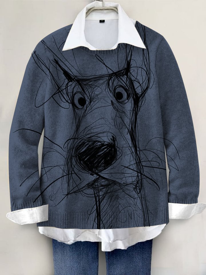 Cute Dog Hand-painted Art Print Knit Pullover Sweater RM001