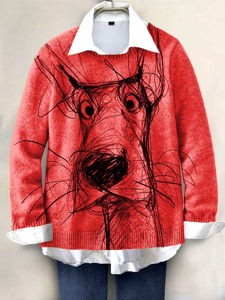 Cute Dog Hand-painted Art Print Knit Pullover Sweater RM001