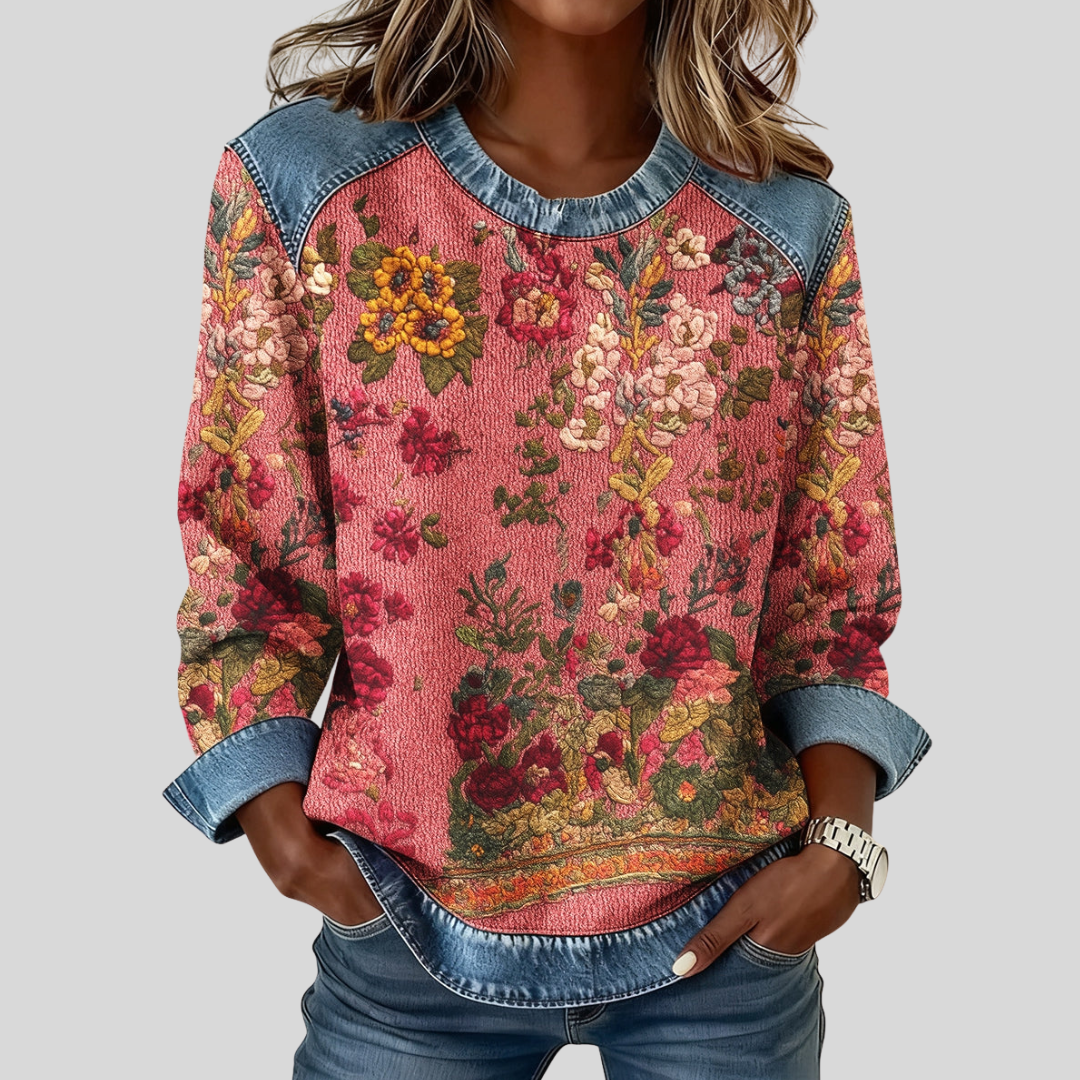 Orabelle™ | Denim-Trimmed Floral Print Sweatshirt