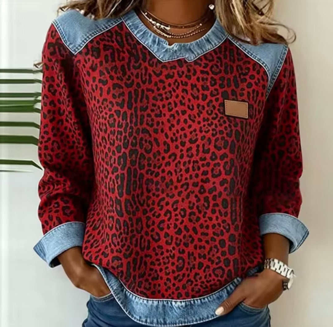 Hollyn™ Leopard Print Sweater Featuring Denim Collar