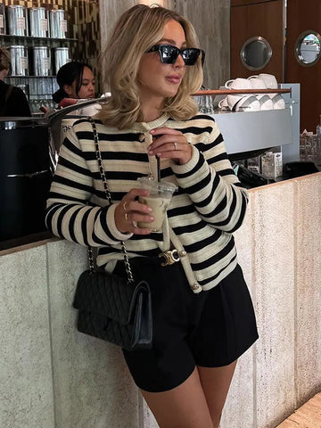 Zayla™ - Gold Button Striped Cardigan