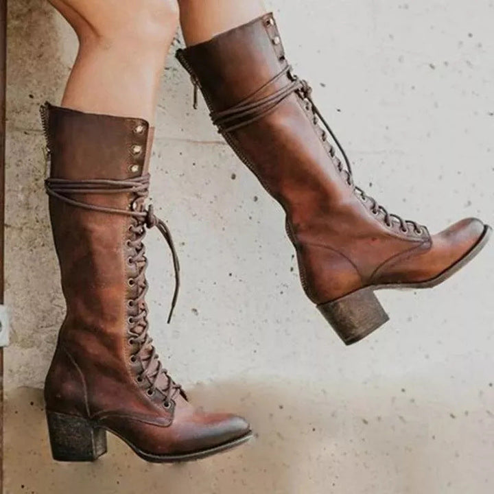 Olivia | Women’s Lace-Up Knee High Block Heel Boots