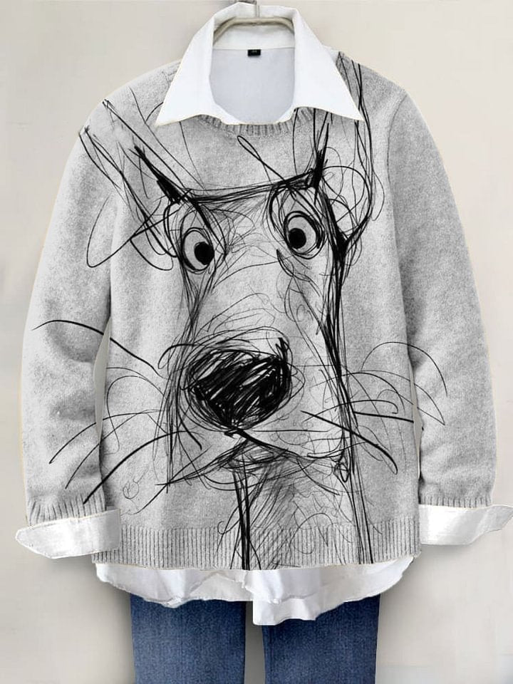 Cute Dog Hand-painted Art Print Knit Pullover Sweater RM001