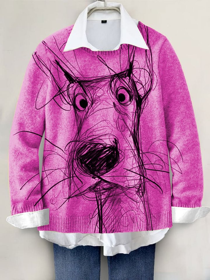 Cute Dog Hand-painted Art Print Knit Pullover Sweater RM001