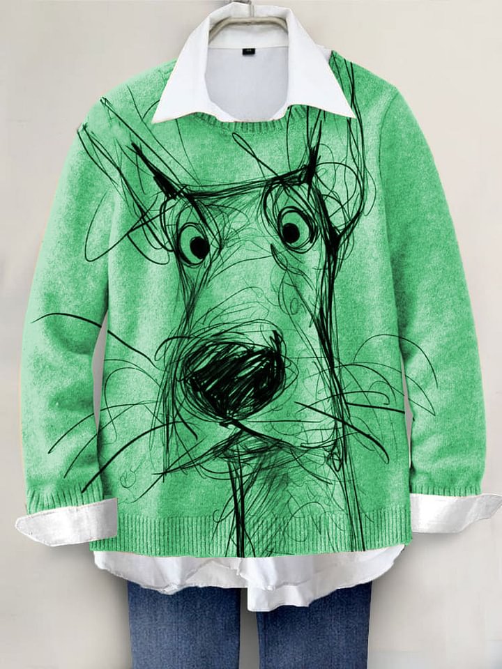 Cute Dog Hand-painted Art Print Knit Pullover Sweater RM001