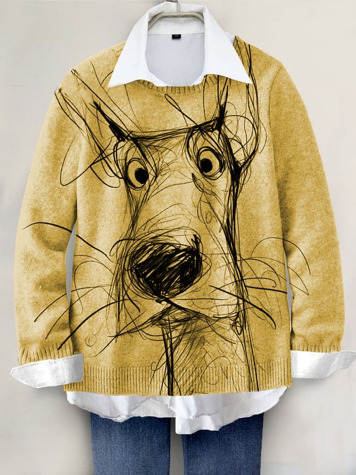Cute Dog Hand-painted Art Print Knit Pullover Sweater RM001
