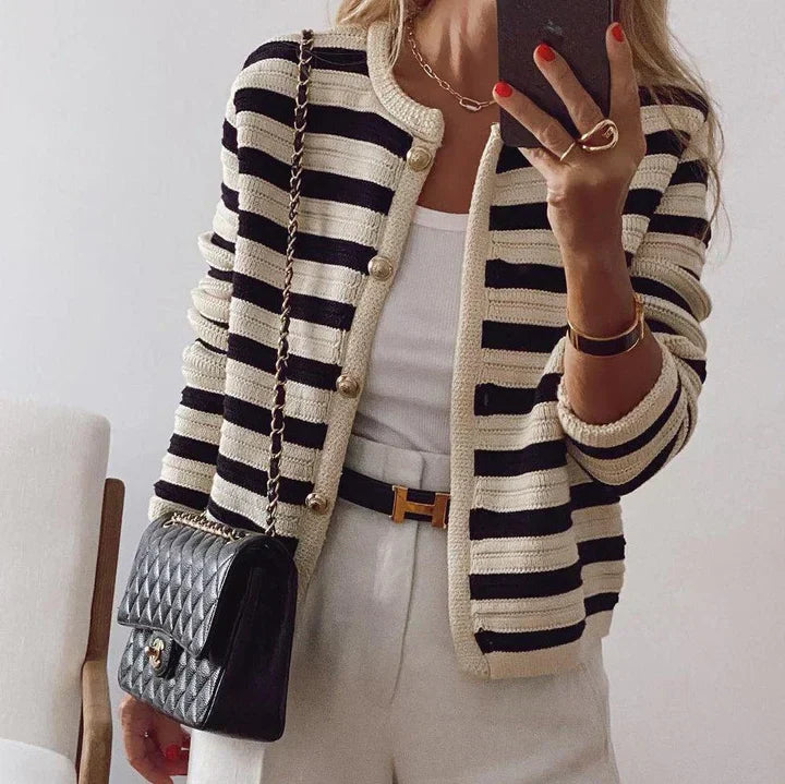 Zayla™ - Gold Button Striped Cardigan