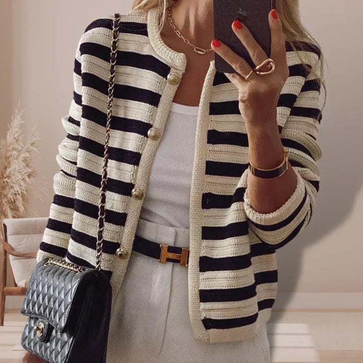 Zayla™ - Gold Button Striped Cardigan