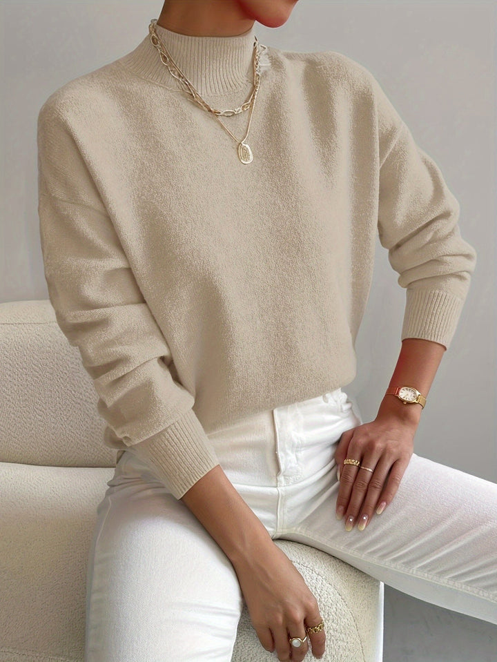 Women's Soft Brushed Knit Sweater, Mock Neck Relaxed Winter Pullover