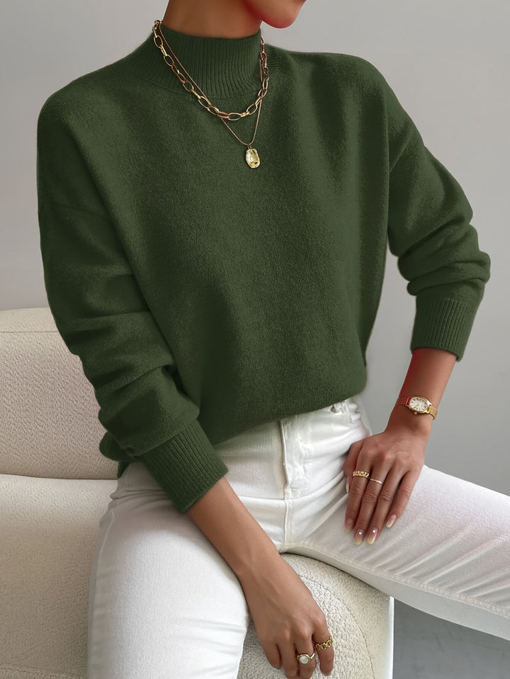 Women's Soft Brushed Knit Sweater, Mock Neck Relaxed Winter Pullover