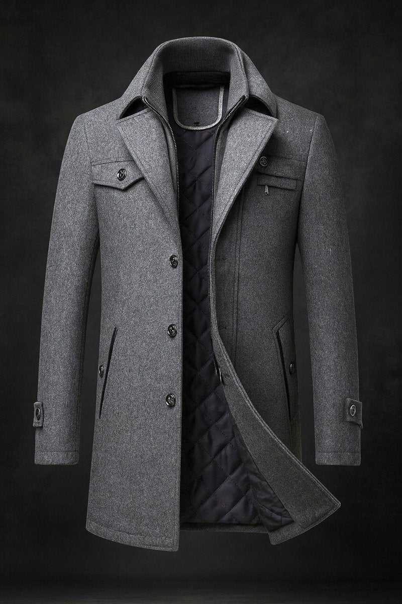 Charlie | Men's Pure Wool Coat Quilted-Lined Double-Collar Overcoat