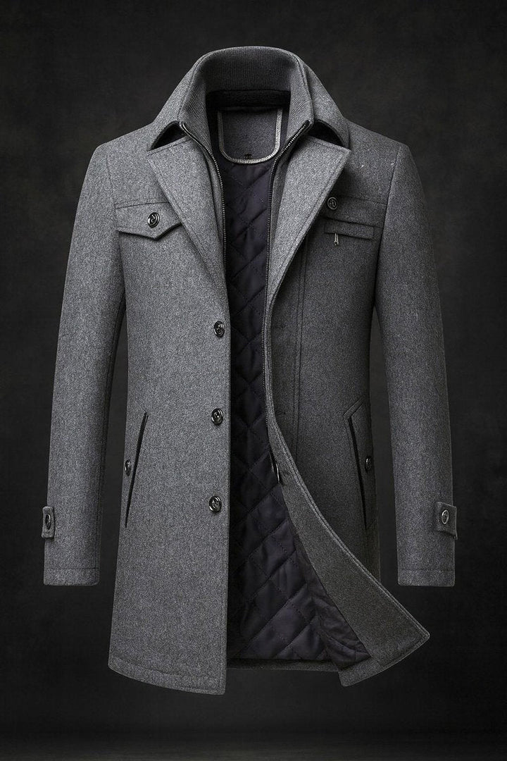 Charlie | Men's Pure Wool Coat Quilted-Lined Double-Collar Overcoat