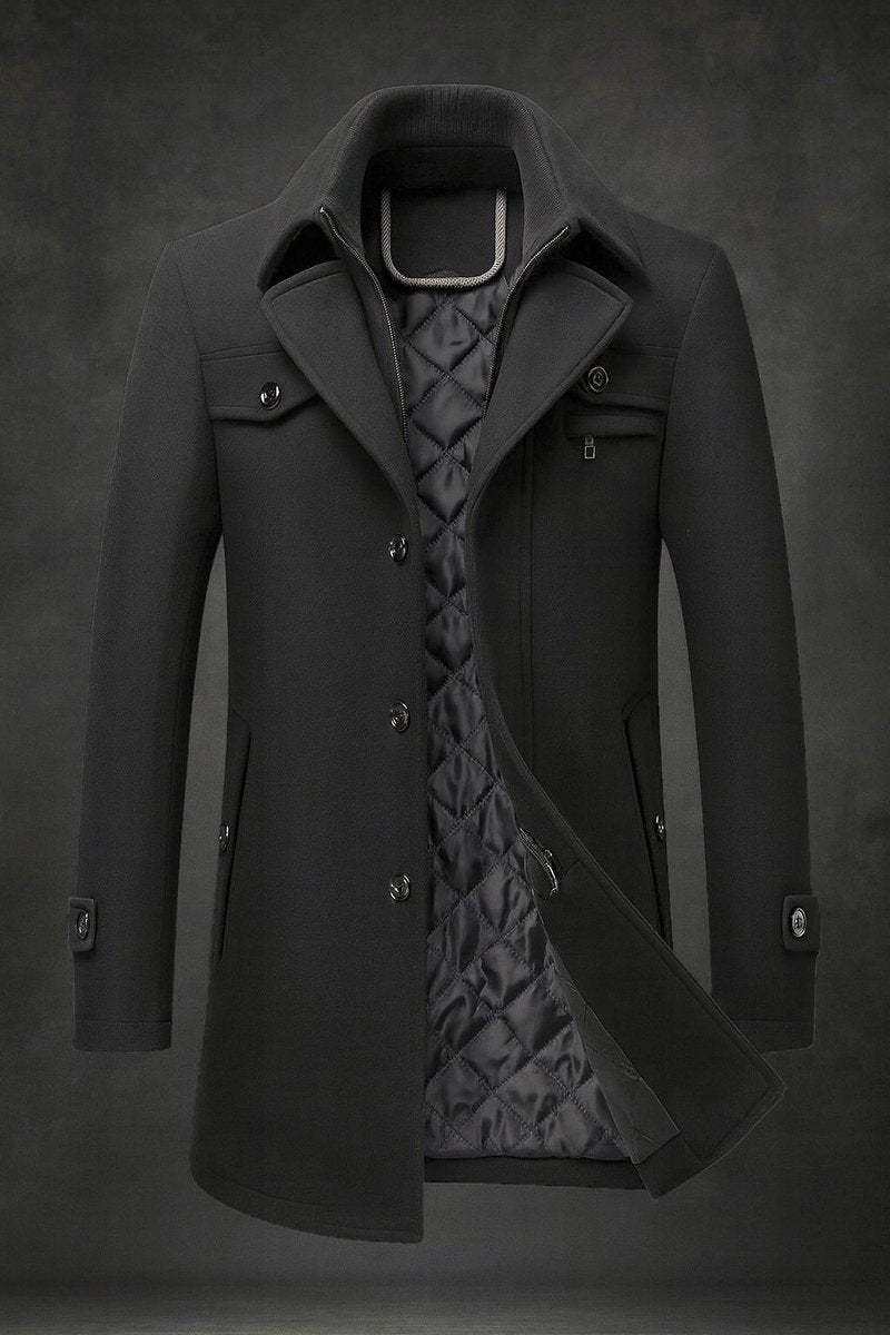 Charlie | Men's Pure Wool Coat Quilted-Lined Double-Collar Overcoat