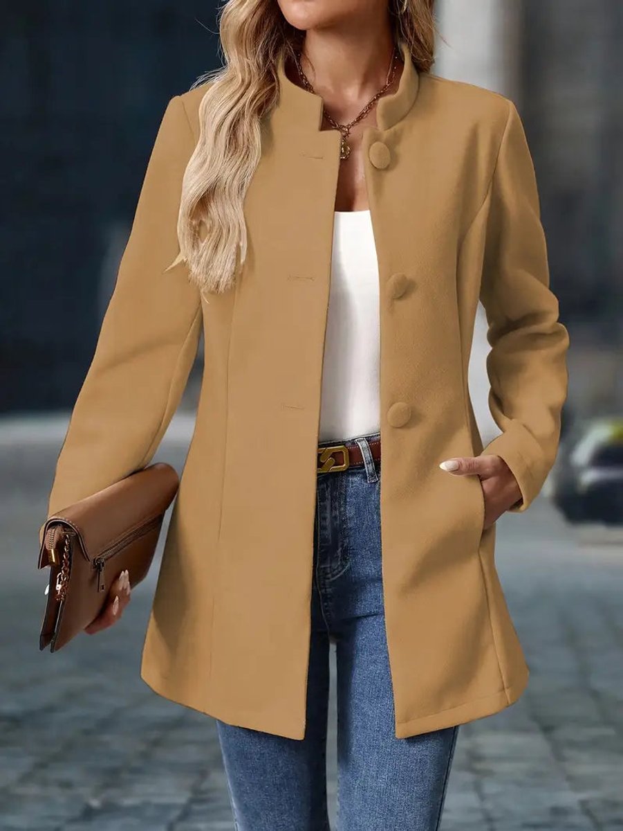 Sienna | Women Coat Stand Collar Button-Front Longline Blazer Jacket
