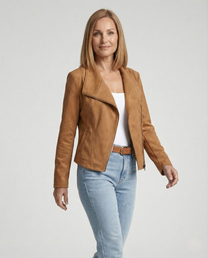 Ivy | Women's Asymmetric-Zip Suede-Look Biker Leather Jacket