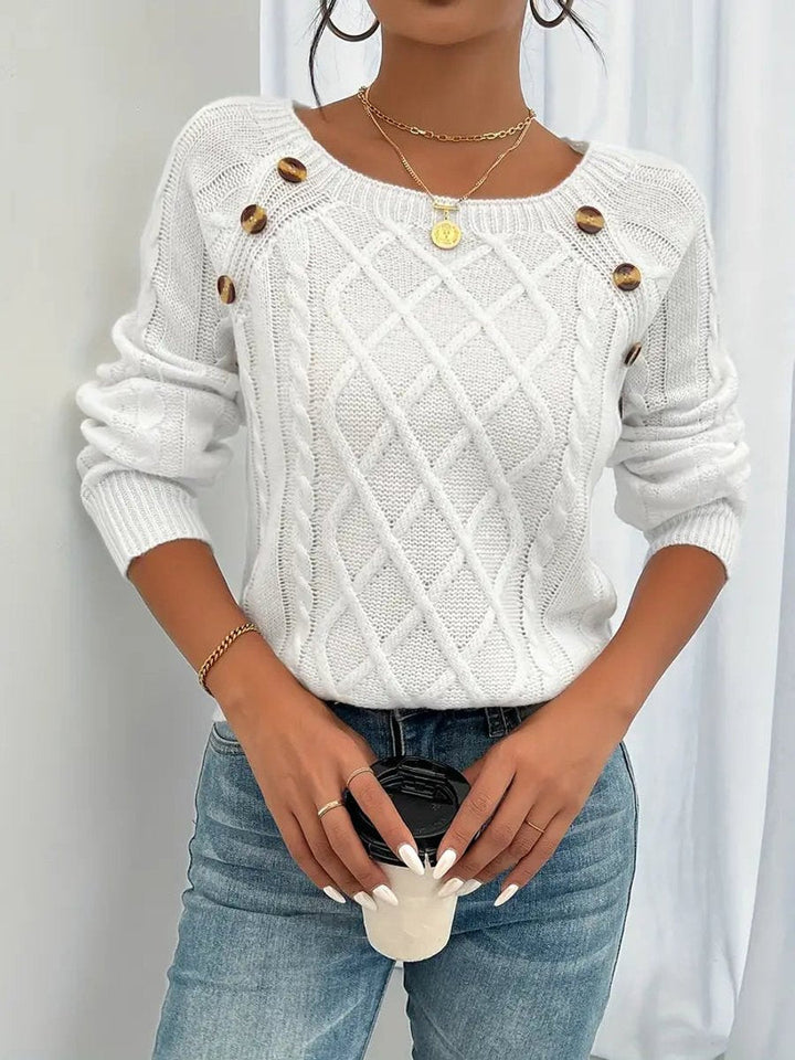 Grace | Women's Cable Knit Sweater Round Neck Button Detail Jumper