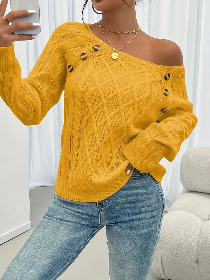 Grace | Women's Cable Knit Sweater Round Neck Button Detail Jumper