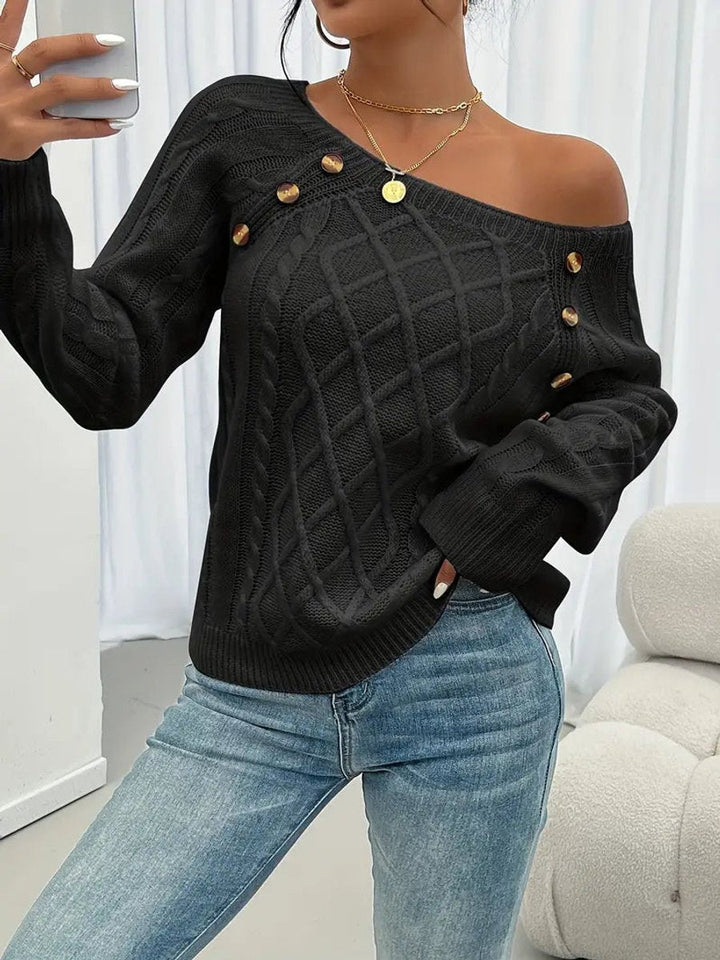 Grace | Women's Cable Knit Sweater Round Neck Button Detail Jumper
