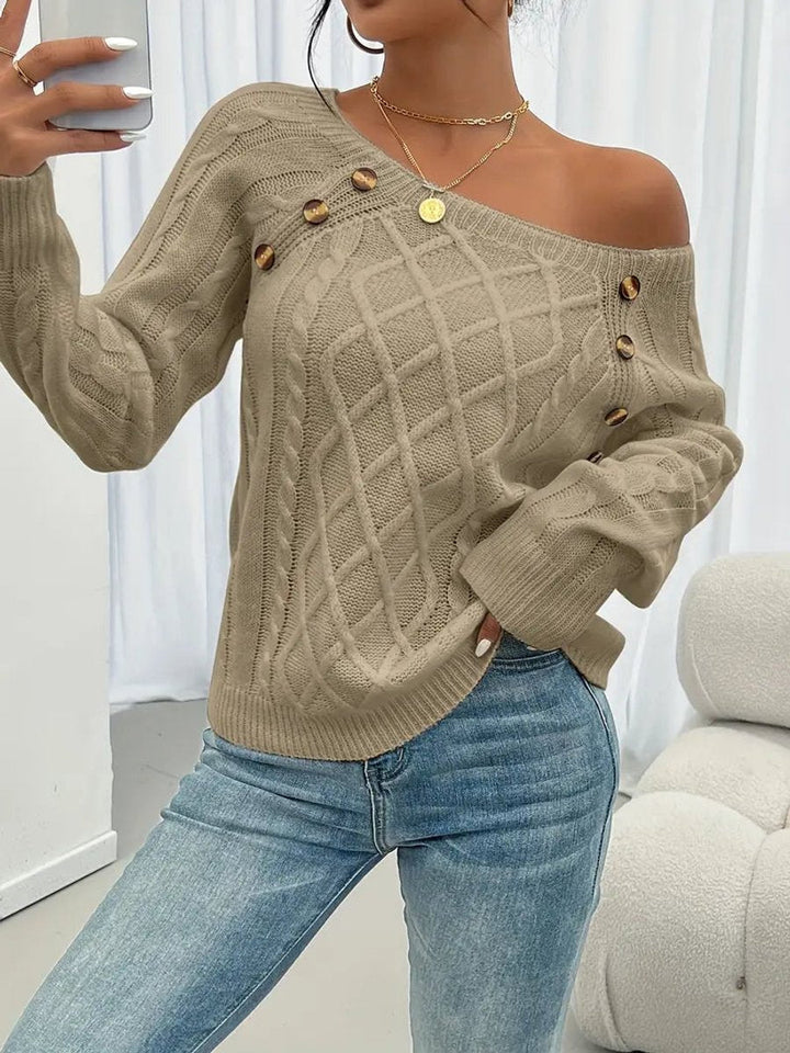Grace | Women's Cable Knit Sweater Round Neck Button Detail Jumper