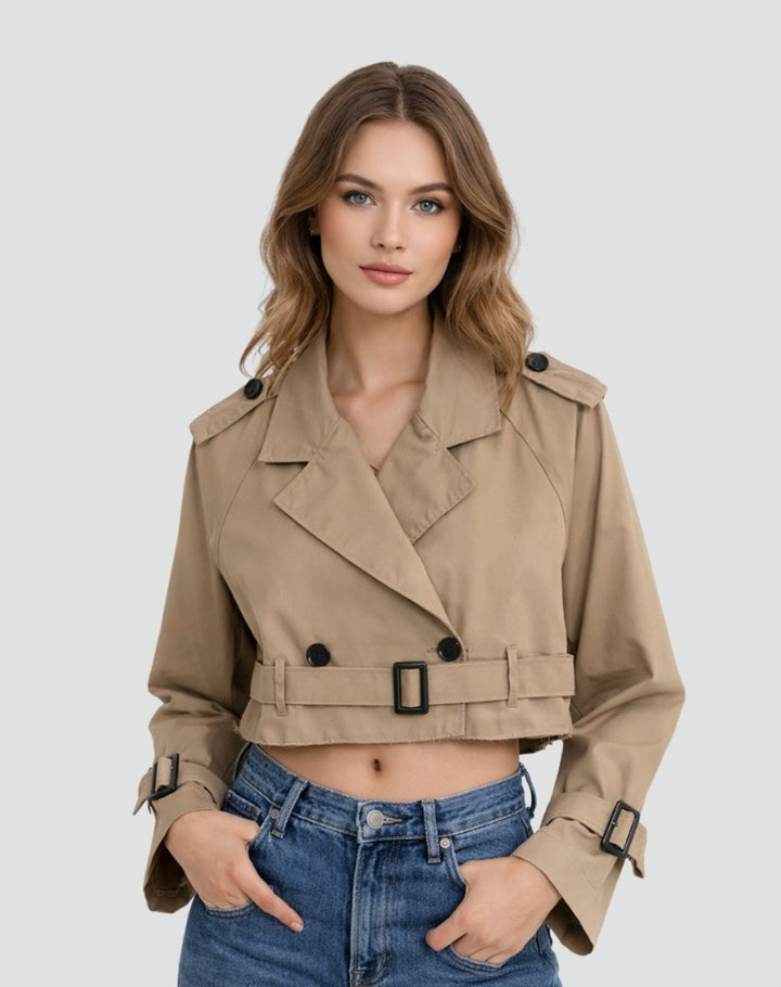 Grace | Women's Cropped Double-Breasted Belted Trench Coat Jacket