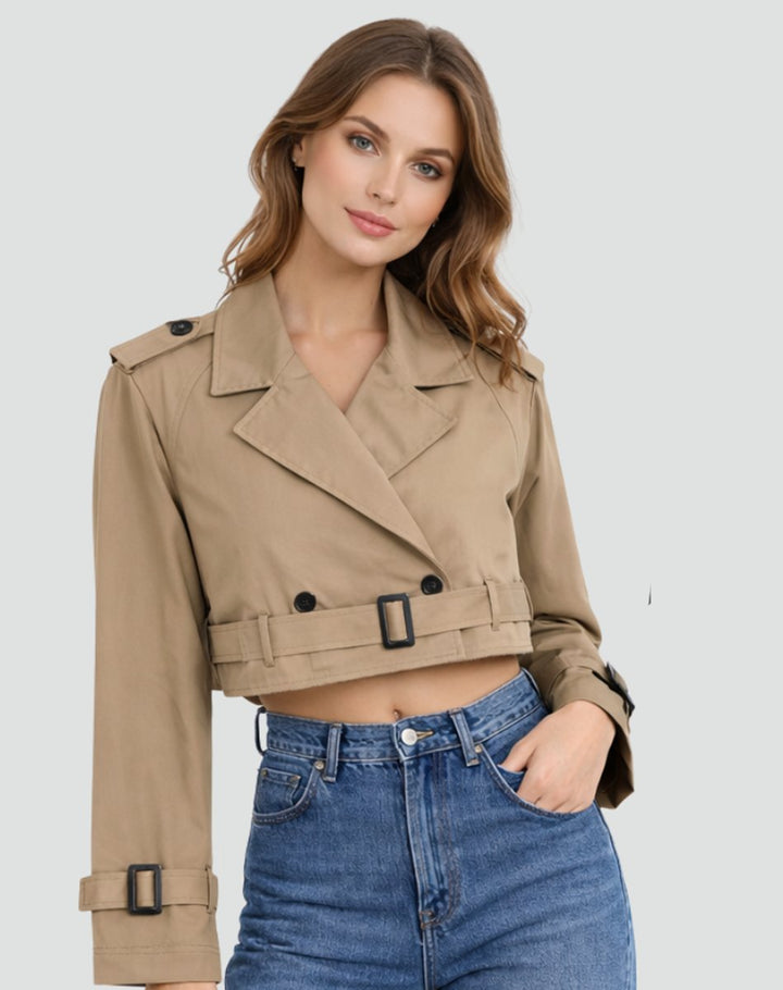 Grace | Women's Cropped Double-Breasted Belted Trench Coat Jacket