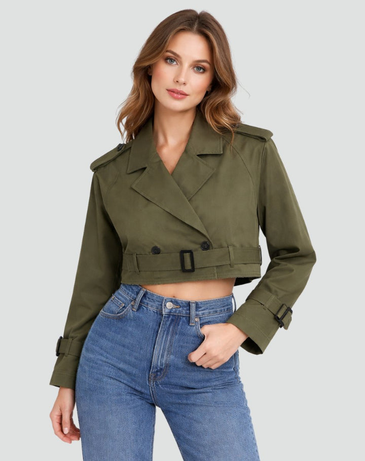 Grace | Women's Cropped Double-Breasted Belted Trench Coat Jacket