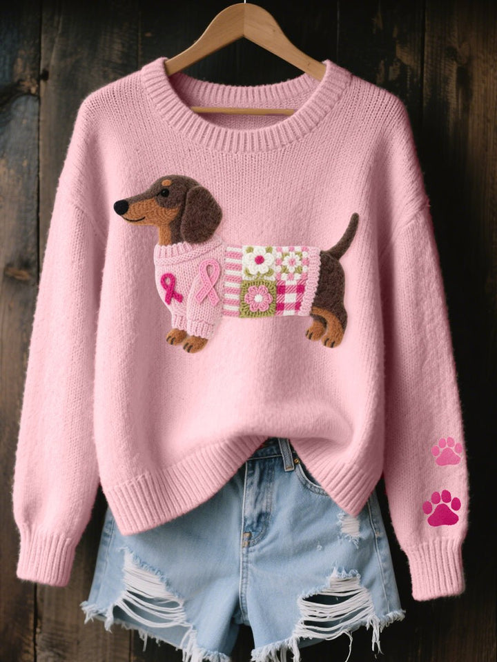Freya | Women's Dachshund Patchwork Relaxed-Fit Knit Sweater Jumper
