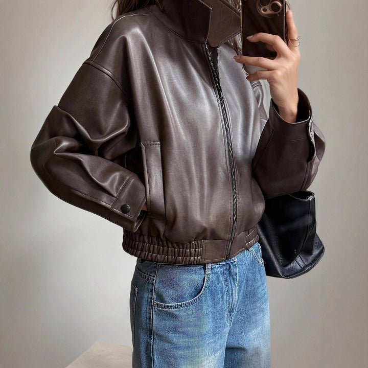 Scarlett | Women's Faux Leather Bomber Jacket Zip-Up Long Sleeve