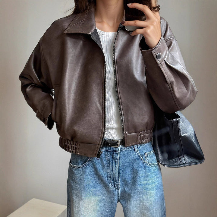 Scarlett | Women's Faux Leather Bomber Jacket Zip-Up Long Sleeve