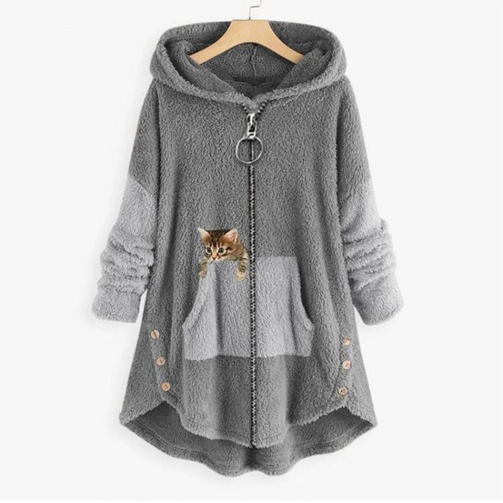 Olivia | Women's Fleece Hooded Zip-Up Sweater Plush Cat Pocket Jumper