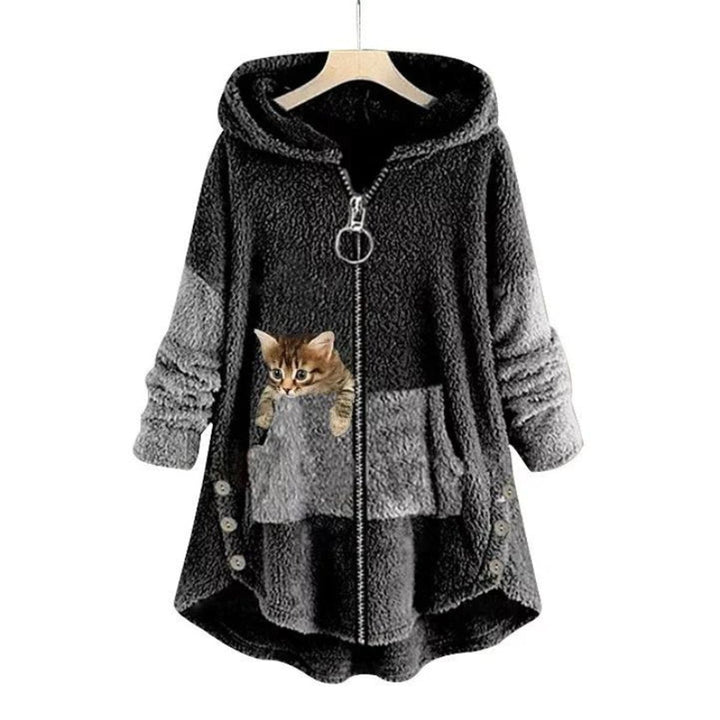 Olivia | Women's Fleece Hooded Zip-Up Sweater Plush Cat Pocket Jumper