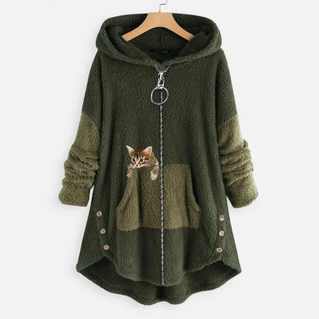 Olivia | Women's Fleece Hooded Zip-Up Sweater Plush Cat Pocket Jumper