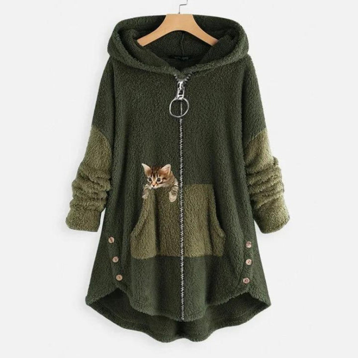 Olivia | Women's Fleece Hooded Zip-Up Sweater Plush Cat Pocket Jumper