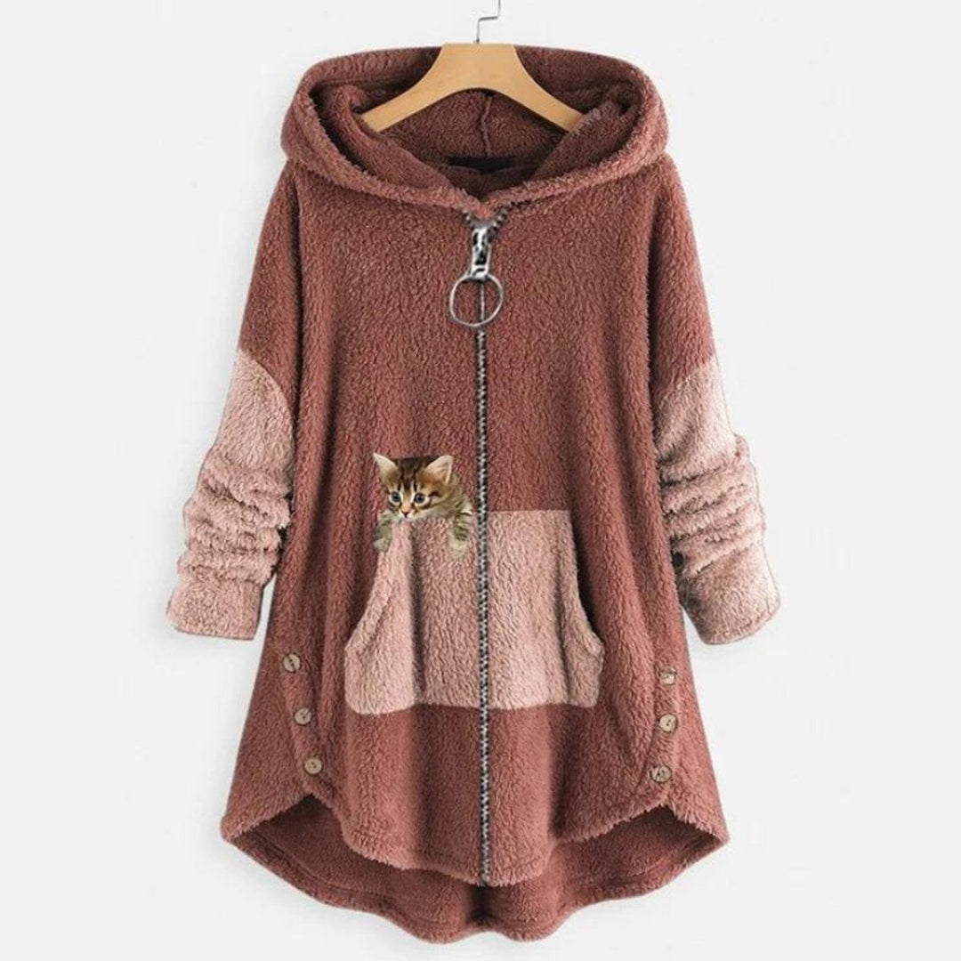 Olivia | Women's Fleece Hooded Zip-Up Sweater Plush Cat Pocket Jumper