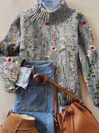 Aria | Women's Floral Embroidered Turtleneck Sweater Relaxed Knit Jumper