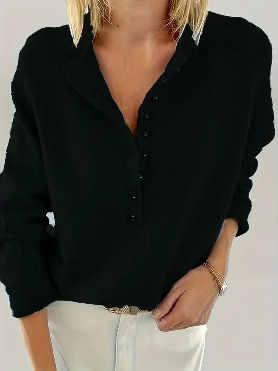 Olivia | Women's Half-Button V-Neck Knit Sweater Relaxed Pullover Jumper
