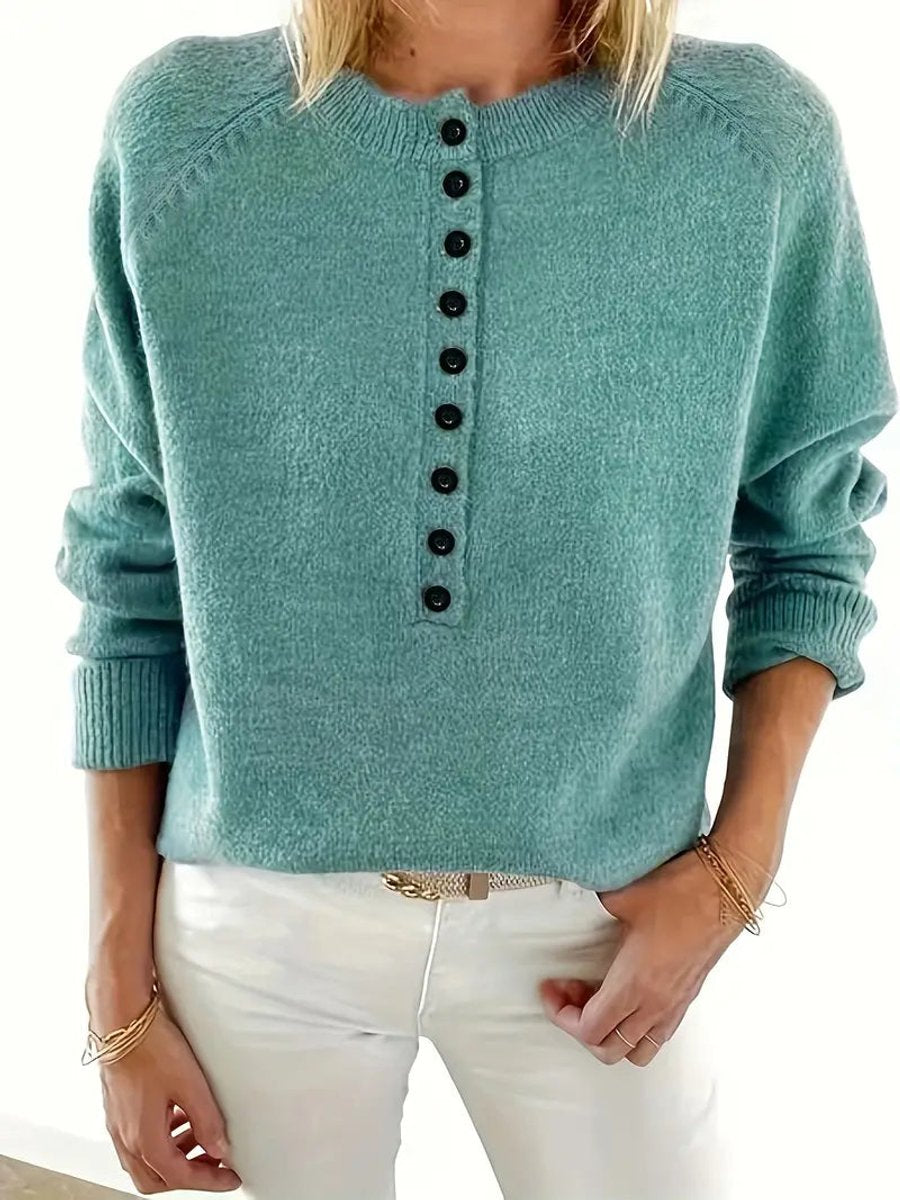 Olivia | Women's Half-Button V-Neck Knit Sweater Relaxed Pullover Jumper