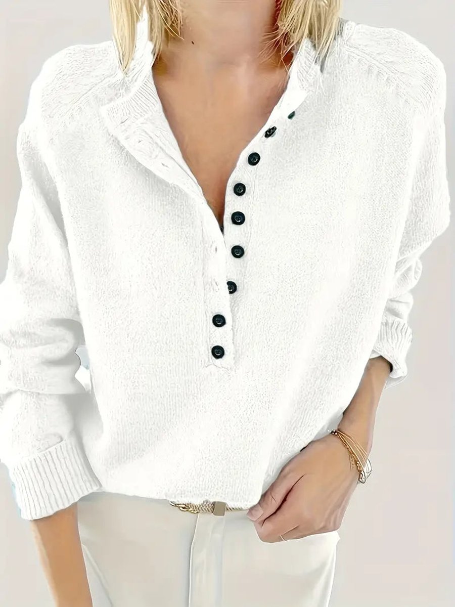 Olivia | Women's Half-Button V-Neck Knit Sweater Relaxed Pullover Jumper