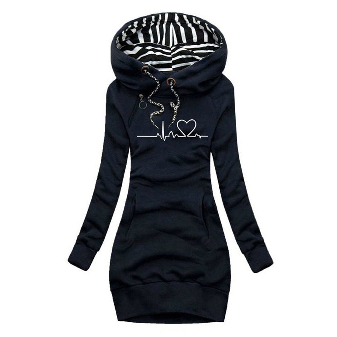 Sienna | Women's Heartbeat Print Hooded Long Sleeve Dress Jumper