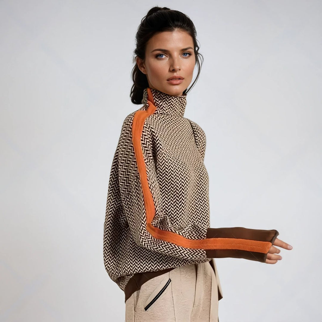 Isla | Women's Herringbone Oversized Turtleneck Sweater Contrast Trim