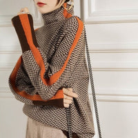 Isla | Women's Herringbone Oversized Turtleneck Sweater Contrast Trim