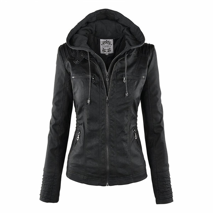 Evelyn | Women's Hooded Faux Leather Jacket Removable Hood Biker