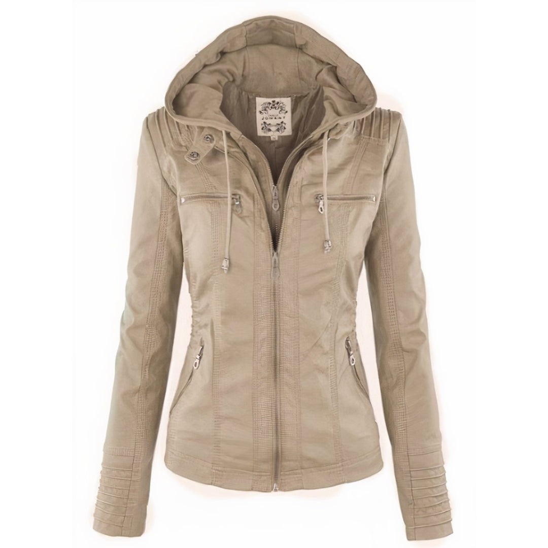 Evelyn | Women's Hooded Faux Leather Jacket Removable Hood Biker