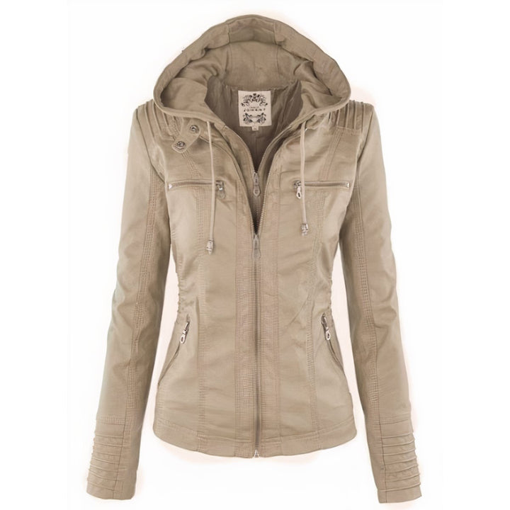 Evelyn | Women's Hooded Faux Leather Jacket Removable Hood Biker