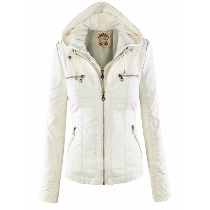 Evelyn | Women's Hooded Faux Leather Jacket Removable Hood Biker